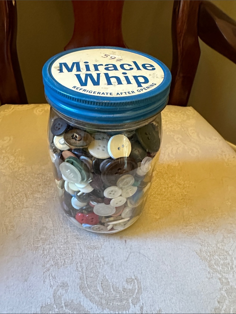 Unsorted vintage Miracle Whip 32oz jar full of vintage buttons, dating to 1950s